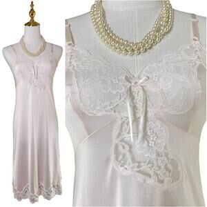 Vintage 60s Pale Pink Nylon Lacy Pinup Full Slip Dress Women's Size S